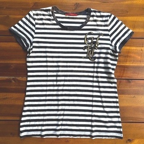 Carolina Herrera Ch Gold Monogram Nautical Striped Tee Navy & White, Size M